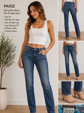 PAIGE Rising Glen Ibiza Slim Straight Jeans Size 25 Mid Rise Medium Wash Denim